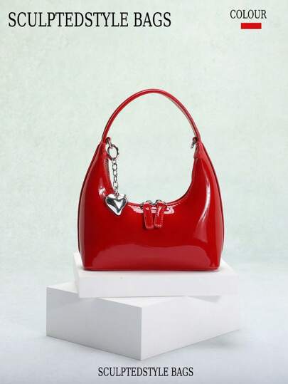 1 pieza Bolso de hombro de piel de patente rojo, con cremallera con herraje en forma de corazón, bolso de mano de estilo europeo a la moda y elegante para uso diario, regalo de San Valentín