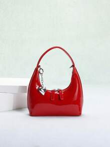1pc Red Patent PU Leather Shoulder Bag, Fashionable Heart Hardware Zipper, Chic European Style Handbag For Commute Valentines - Red - View 6