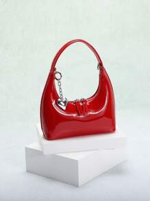 1pc Red Patent PU Leather Shoulder Bag, Fashionable Heart Hardware Zipper, Chic European Style Handbag For Commute Valentines - Red - View 3