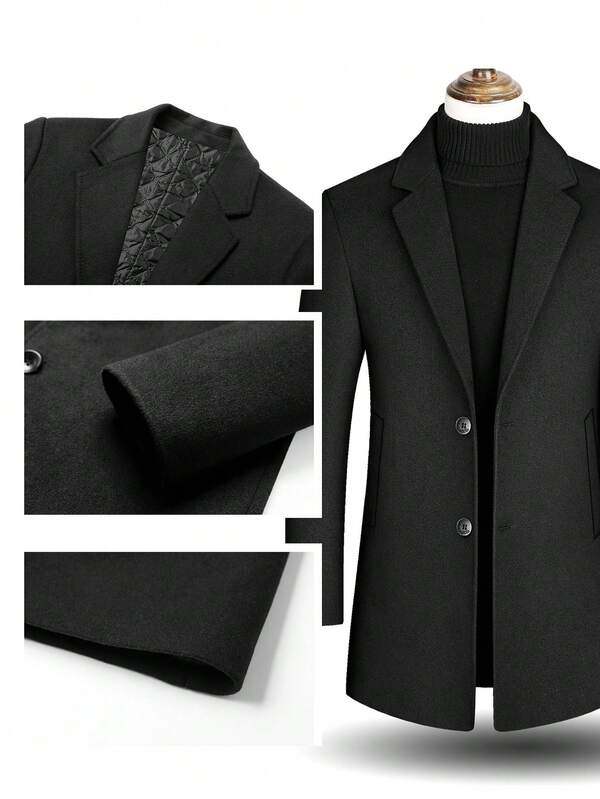 Men's Wool Blend Single-Breasted Blazer, Minimalist Solid Color Woolen Jacket, Business Casual Outerwear For Autumn/Winter