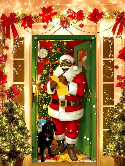1pc Christmas Door Flag, Santa Claus & Puppy Clock Decor, Suitable For Indoor/Outdoor Door & Wall Decoration, Christmas Family Gathering Party Supplies,Christmas