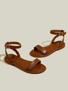 女士平底露趾绑带凉鞋，夏季休闲软底沙滩鞋 - 棕色 - 查看 2