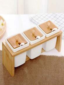 Kit With 3 Pieces Ceramic Storage Holder With Bamboo Support - trắng - Xem 2