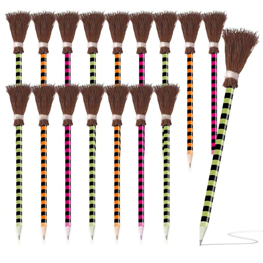 6 piezas Lápices en forma de escoba para Halloween, lápices de colores a rayas, suministros y premios para fiestas - Multicolor - Ver 1