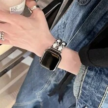 全新 PU 皮革拼接表带，适用于 38mm/40mm/41mm/42mm/44mm/45mm/49mm 手表，时尚手工表带，适用于 SE9/8/7/6/5/4/3/2/1 系列女款 - 銀 - 查看 8