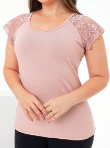 Mesh Blouse With Lace Detail Round Neck - 乾枯玫瑰色 - 查看 1