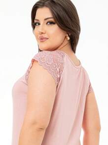 Mesh Blouse With Lace Detail Round Neck - 乾枯玫瑰色 - 查看 3