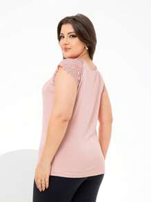 Mesh Blouse With Lace Detail Round Neck - 乾枯玫瑰色 - 查看 2