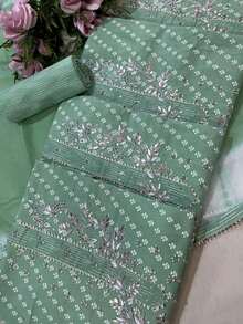 Readymade  Designer Pakistan Ceremonial Embroidered Cotton Teal Floral Printed Straight Pant Style Suit For Women - màu xanh mòng két - Xem 3
