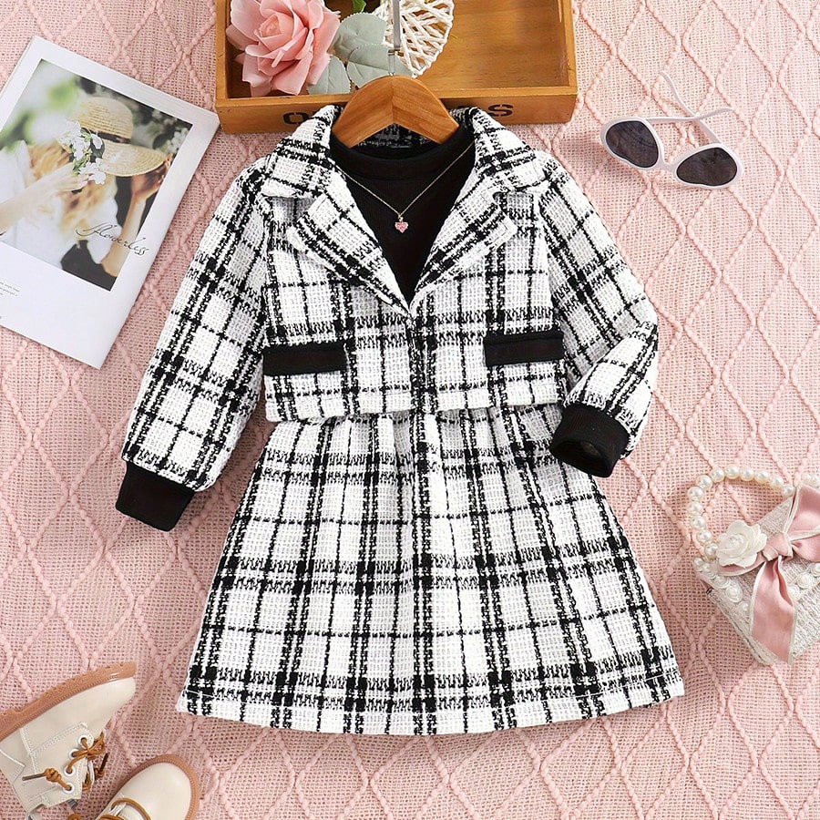 Piezas/Conjunto Chaqueta de manga larga con cuello de solapa a cuadros y vestido sin mangas para niña joven, primavera y otoño