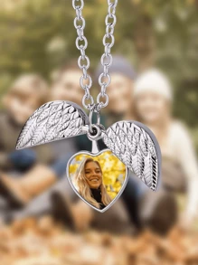 1pc Customized Photo Heart-Shaped Alloy Pendant Necklace, Memory Photo Locket Necklace - Silver - View 4