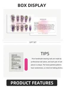 10 pièces/set Pointes d'ongles longs en forme de cercueil, accessoires d'art des ongles exquis faits main. Comprenant : 1 paquet de décalcomanies en forme de nœud papillon en forme de cœur, 1 paquet d'autocollants à fleurs en dentelle, 1 flacon de vernis gel cristal et 1 bloc à polir. Idéal pour les fêtes, les mariages et le port quotidien. Ongles à presser