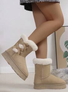 Women's Winter Bow Decor Hook And Loop Thick Thermal Lined Mid-Calf Snow Boots