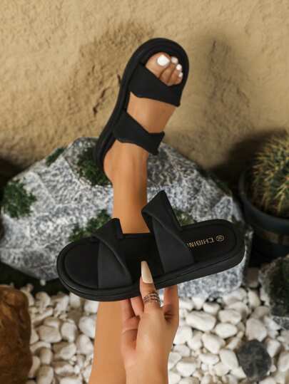 Sandali piatti da donna minimalisti, scarpe da spiaggia casual, confortevoli, di stile bohémien, con chiusura a strappo, morbido cuscinetto, nero
