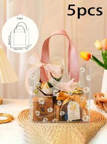 1/5个装透明PVC菊花印花礼品包装袋，便携式透明手提礼品包装袋，适合婚礼伴娘，可爱的雏菊图案提手，婚礼礼品手提袋，促销，小型企业用品，购物袋，节日派对手提袋，生日派对礼品袋，手工手提袋，返校情人节