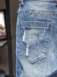 男士弹力修身破洞牛仔裤复古水洗街头风格紧身牛仔裤休闲百搭锥形裤 - 藍色 - 查看 5