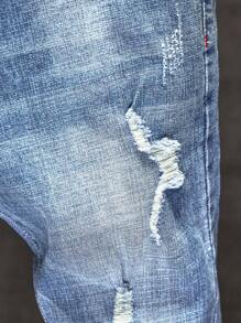 男士弹力修身破洞牛仔裤复古水洗街头风格紧身牛仔裤休闲百搭锥形裤 - 藍色 - 查看 3