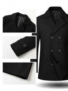 男士修身双排扣翻领大衣，秋冬季 - 黑色 - 查看 4