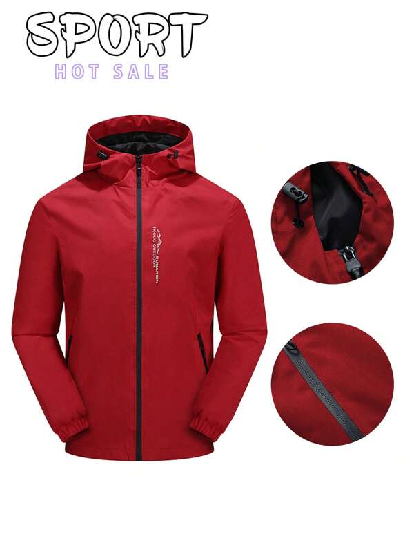 Plus Size Men's Outdoor Hooded Windbreaker Jacket, Sports Casual Hooded Windproof Coat