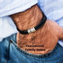 Customized Family Name Men's Bracelet, 3-Layer Black Leather Magnetic Bracelet, 20cm/22cm, Gold/Silver, Personalized Stainless Steel Beads, Laser Engraved With Family Name, Date, Birthday Gift, Christmas Gift, Father's Day Gift,Black,Gold,Stylish,Colorful,Vintage,Simple,Unisex,Casual,Cuties,Custom,Personalized,Unique,Ideal Gifts For Him,Ideal Gifts For Her,Her,Boyfriend,Girlfriend,Dad,Mom,Family,Friends,For Anniversaries,For Birthdays,For Graduation,For Prom,For Party,Stainless Steel Jewelry