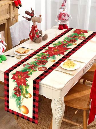 1 件圣诞桌旗，涤纶，35x180 厘米，圣诞一品红拐杖糖元素桌旗，适合冬季圣诞派对、家庭餐桌中心装饰、家居装饰、圣诞装饰、派对用品