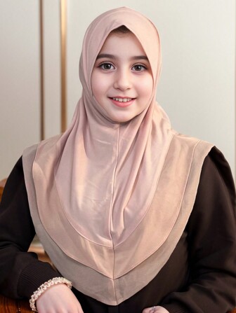 1pc Arabic Style 2-Layer Crystal Lace Chiffon Solid Color Elastic Headwear Hijab, Girl Headscarf