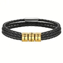 Customized Family Name Men's Bracelet, 3-Layer Black Leather Magnetic Bracelet, 20cm/22cm, Gold/Silver, Personalized Stainless Steel Beads, Laser Engraved With Family Name, Date, Birthday Gift, Christmas Gift, Father's Day Gift,Black,Gold,Stylish,Colorful,Vintage,Simple,Unisex,Casual,Cuties,Custom,Personalized,Unique,Ideal Gifts For Him,Ideal Gifts For Her,Her,Boyfriend,Girlfriend,Dad,Mom,Family,Friends,For Anniversaries,For Birthdays,For Graduation,For Prom,For Party,Stainless Steel Jewelry