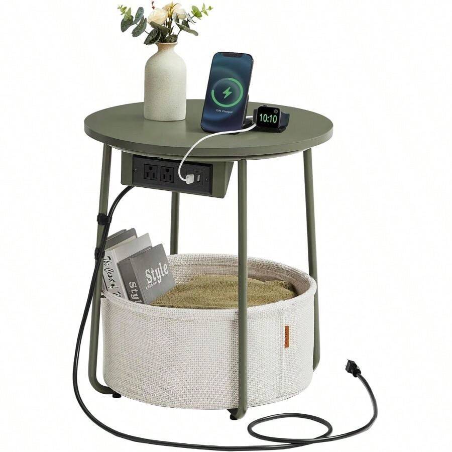 VASAGLE Side Table With Charging Station, Round End Table With Fabric Basket, Nightstand With Power Outlets USB Ports, For Living Room, Bedroom, Modern - Màu xanh Ô liu - Xem 1
