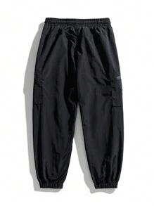 男友风男士秋季抽绳运动长裤多口袋户外防水工装裤非常适合春秋季徒步旅行活动 - 黑色 - 查看 3