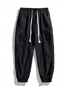 男友风男士秋季抽绳运动长裤多口袋户外防水工装裤非常适合春秋季徒步旅行活动 - 黑色 - 查看 2