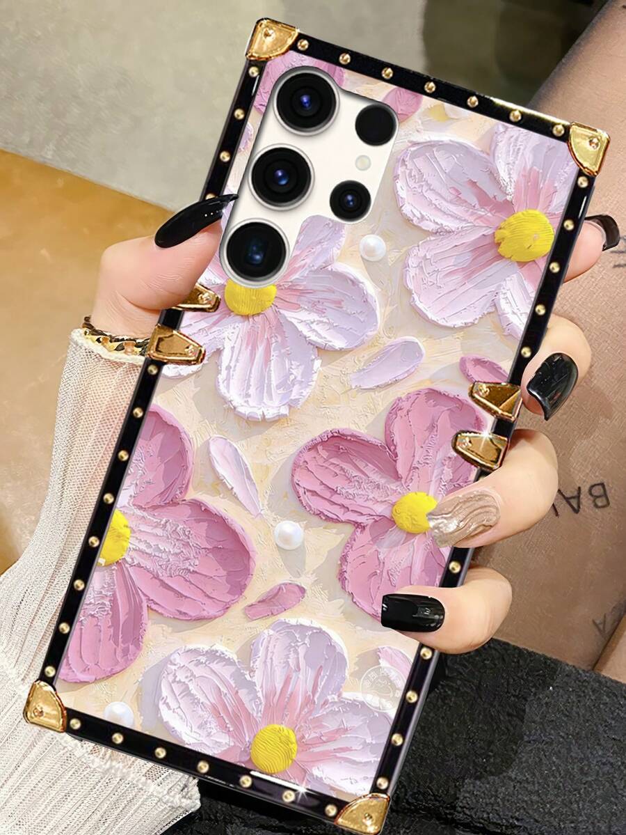 1pc Pink Painted Floral Pattern Rectangle Shockproof Stylish Phone Case Compatible With IPhone 7 Plus/8 Plus/XR/XS Max/11/11 Pro/11 Pro Max/12/12 Pro/12 Pro Max/13/13 Pro/13 Pro Max/14/14 Pro/14 Plus/14 Pro Max/15/15 Pro/15 Plus/15 Pro Max, Galaxy Z Flip3/Z Flip4, S23 FE/S20+/S20U/S21U/S22U/S23U/S24 Ultra 5G, Note20 Ultra/Note10+, A04E/A05/A12/A13 4G/A14/A15/A22/A23/A24/A25/A32/A33/A34/A52/A53/A54/A55/A72/A73 5G, OPPO A38/A18/A78 5G/A98/A79 5G, Realme C53/C55, Redmi Note12 Pro+ 5G/Note13 Pro, Vivo Y36 5G. The Phone Case May Display Different Colors Under Different Lighting Conditions, And There Is A Protective Film On The Pattern, Please Remove It Before Use. - Multicolor - View 1