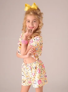 Floral  Set Children's Girl Bloguerinha Shoulder To Shoulder Summer Clothes - Màu vàng - Xem 1