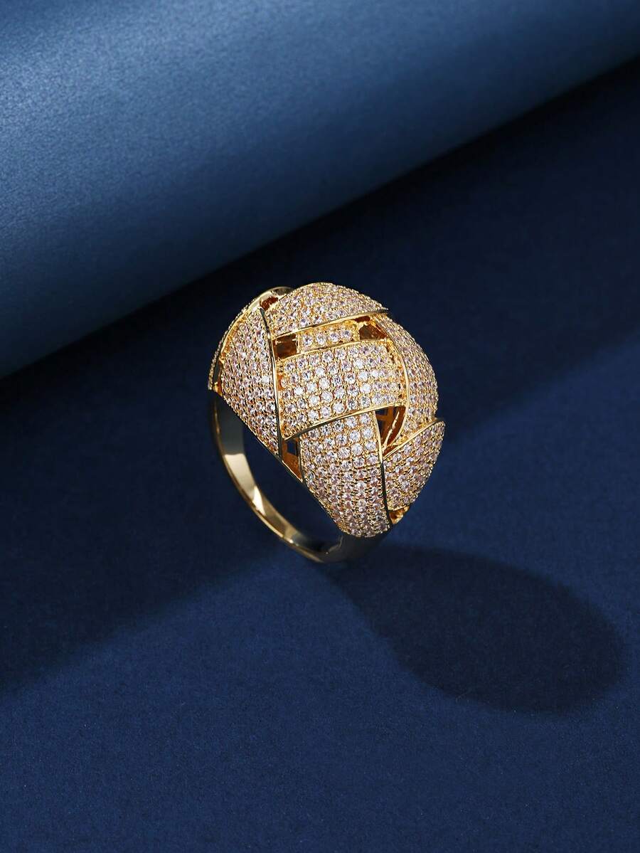 1 件铜材质时尚吊饰镂空设计锆石镶嵌男女通用戒指，适合女士礼物和日常佩戴 - 金黃色 - 查看 1