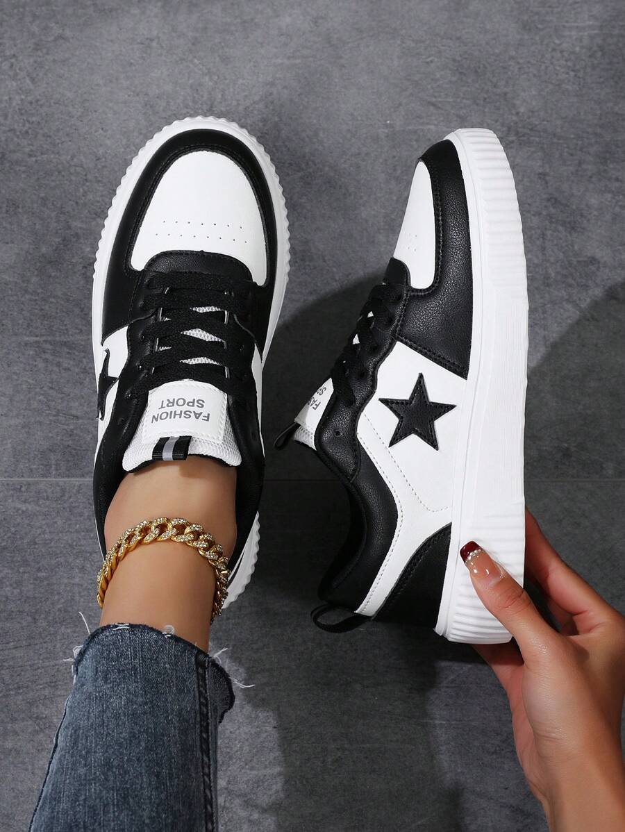 秋冬女鞋时尚舒适轻便白黑色运动鞋女运动休闲鞋 - 黑與白 - 查看 1