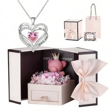 精美设计项链礼盒，诞生石项链，心形项链，适合妻子、女朋友、母亲的珠宝首饰礼盒，宝石胎记石项链，适合女性在各种场合佩戴，理想的心形吊坠项链礼物创意，适合女性，生日周年纪念日，情人节，母亲节，圣诞节，最完美的女士项链礼物圣诞礼物，妈妈，母亲，母亲节，礼物 - 粉色 - 查看 1