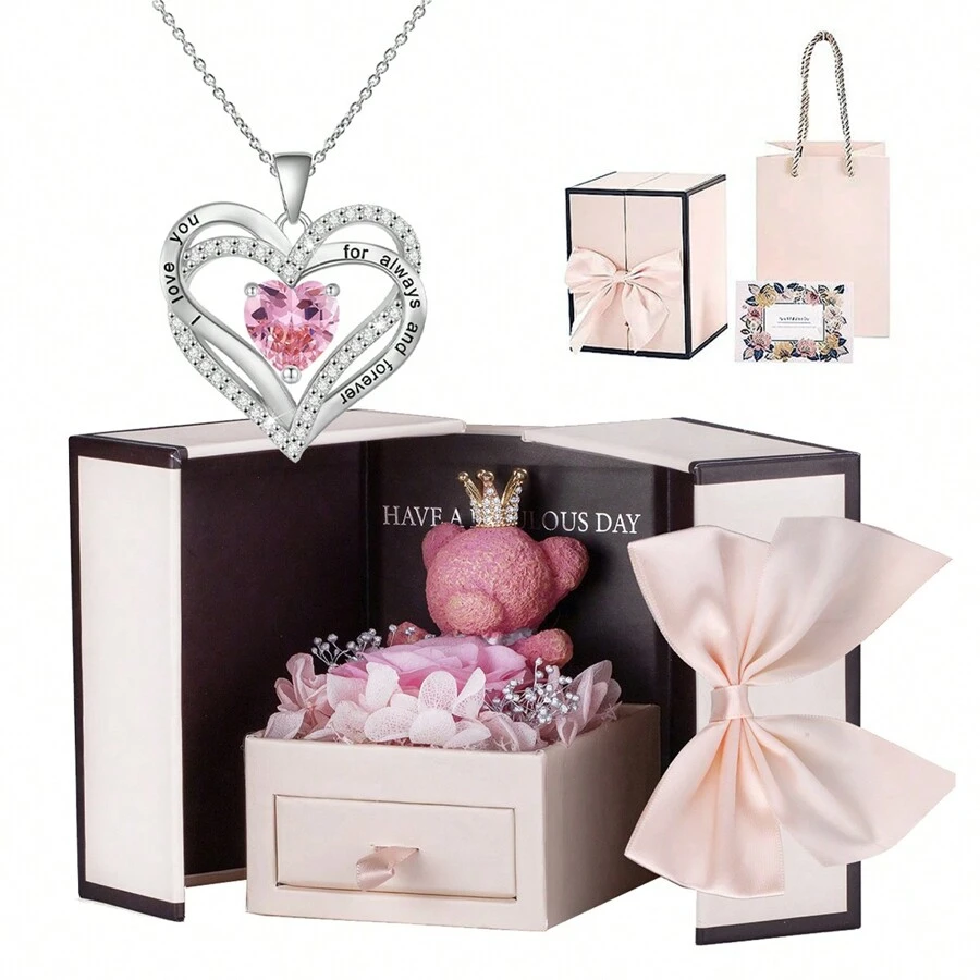 精美设计项链礼盒，诞生石项链，心形项链，适合妻子、女朋友、母亲的珠宝首饰礼盒，宝石胎记石项链，适合女性在各种场合佩戴，理想的心形吊坠项链礼物创意，适合女性，生日周年纪念日，情人节，母亲节，圣诞节，最完美的女士项链礼物圣诞礼物，妈妈，母亲，母亲节，礼物 - 粉色 - 查看 1