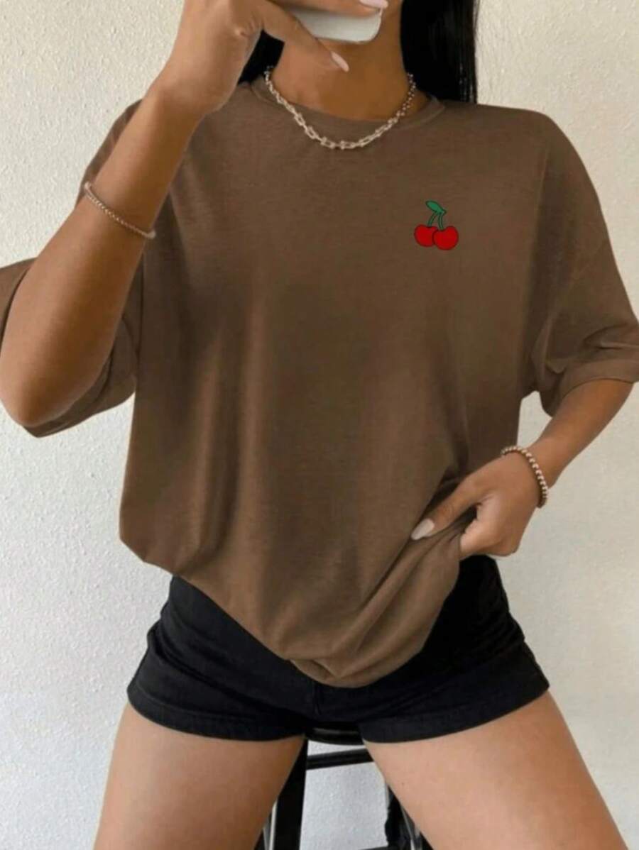 Women's Mini Cherry T-Shirt 100% Cotton Premium Shirt - 鏽棕色 - 查看 1