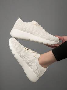 Damen Sportschuhe mit rutschfester Sohle, Obermaterial aus gestricktem, atmungsaktivem Material, weiche Sohle mit Stoßabsorption für Outdoor Fitness, Übungen und Lässig Running - Beige - Übersicht 6