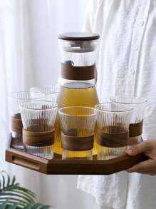 1 套 1500L 耐热玻璃水壶，带托盘和杯子，现代胡桃木色水壶和果汁瓶套装，适合派对和所有季节