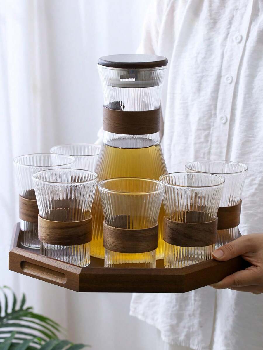 1 套 1500L 耐热玻璃水壶，带托盘和杯子，现代胡桃木色水壶和果汁瓶套装，适合派对和所有季节