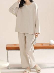 AICJ 2pcs/Set Women 4-Season Waffle Texture Casual Solid Color Sleepwear Homewear Suit With Long Sleeve Top And Pants, Spring/Autumn/Winter,Two Pieces Set Cozy Outfit, Fall Clothes