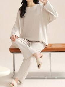 AICJ 2pcs/Set Women 4-Season Waffle Texture Casual Solid Color Sleepwear Homewear Suit With Long Sleeve Top And Pants, Spring/Autumn/Winter,Two Pieces Set Cozy Outfit, Fall Clothes