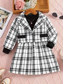 2pcs/Set Young Girl Fashion Plaid Lapel Collar Long Sleeve Jacket & Sleeveless Dress Set, Spring & Autumn - Black - View 3