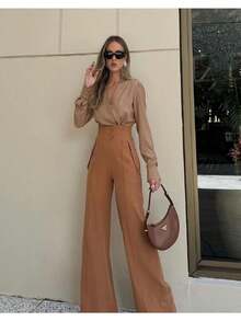 Crystal Love 886 Women's High Waist Tailoring Pants With Two Buttons And Zipper And Open Pocket - 卡其色 - 查看 1