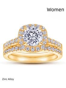 1 件奢华金色方晶锆石女士戒指套装和 1 件不锈钢男士戒指，情侣戒指，结婚珠宝礼物 - 金色 - 查看 3