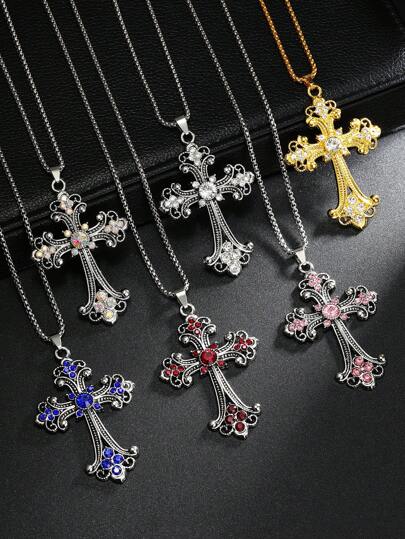 1pc New Fashion Baroque Style Cross Necklace With European, Retro Design, Rhinestone-Studded, Yellow-Gold Tone Big Cross Pendant For Men Charm Jewelry, Birthday Gift, Long Sweater Chain, Versatile Decorative Accessory, Fashionable Jewelry Pendant For Wholesale, Suitable For Daily Wear For Men And Women.