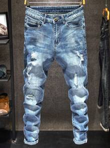 男士弹力修身破洞牛仔裤复古水洗街头风格紧身牛仔裤休闲百搭锥形裤 - 藍色 - 查看 1