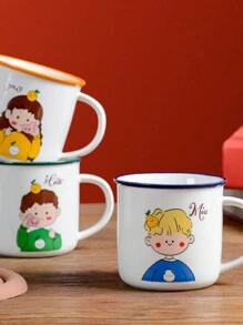 1pc创意可爱卡通人物陶瓷杯仿珐琅高颜值陶瓷杯家用饮水陶瓷杯办公室咖啡冷饮杯同学朋友伴侣礼品杯 - 彩色 - 查看 6