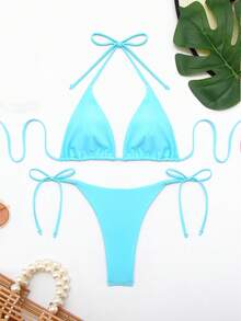Bộ bikini cổ dây màu trơn mùa hè - Màu xanh nhạt - Xem 2