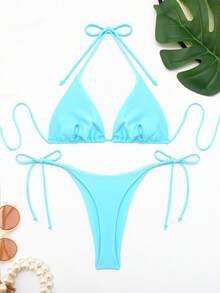 Bộ bikini cổ dây màu trơn mùa hè - Màu xanh nhạt - Xem 3